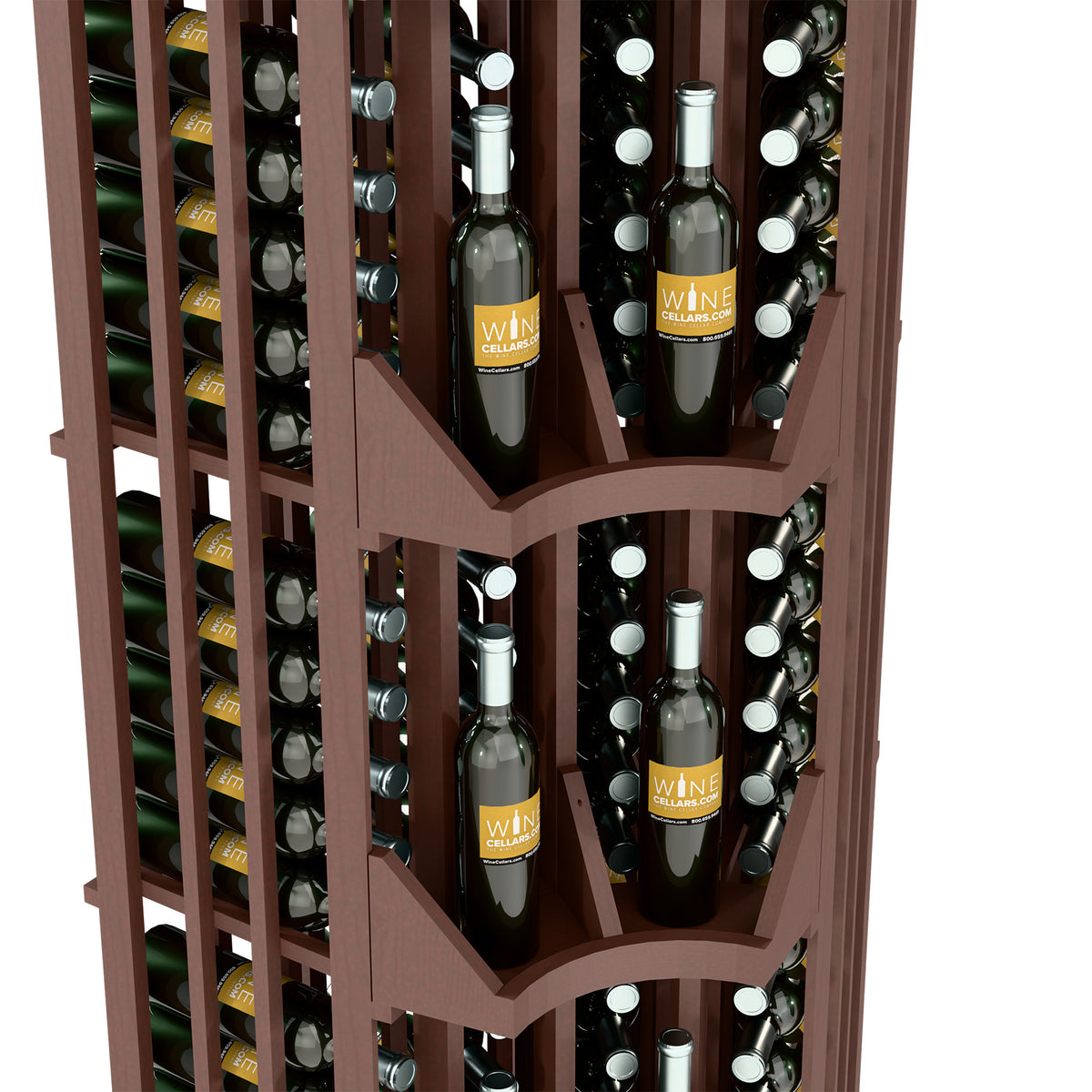 Dark brown curved corner wine display close-up of bottle rows and dividers