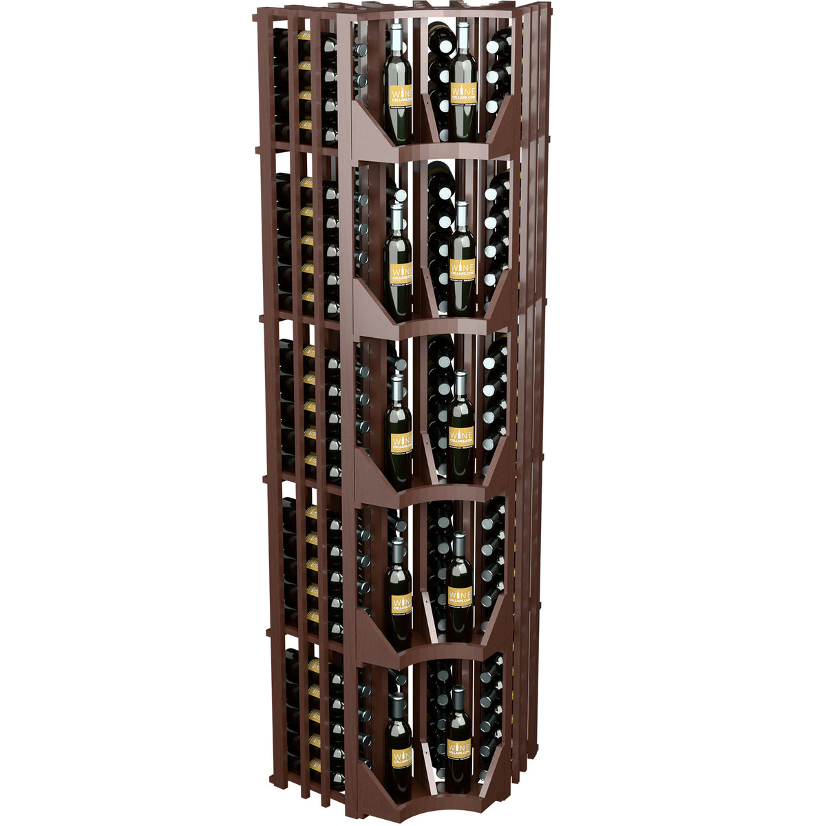 Dark brown 4-column curved corner wine wall display, angled full height view