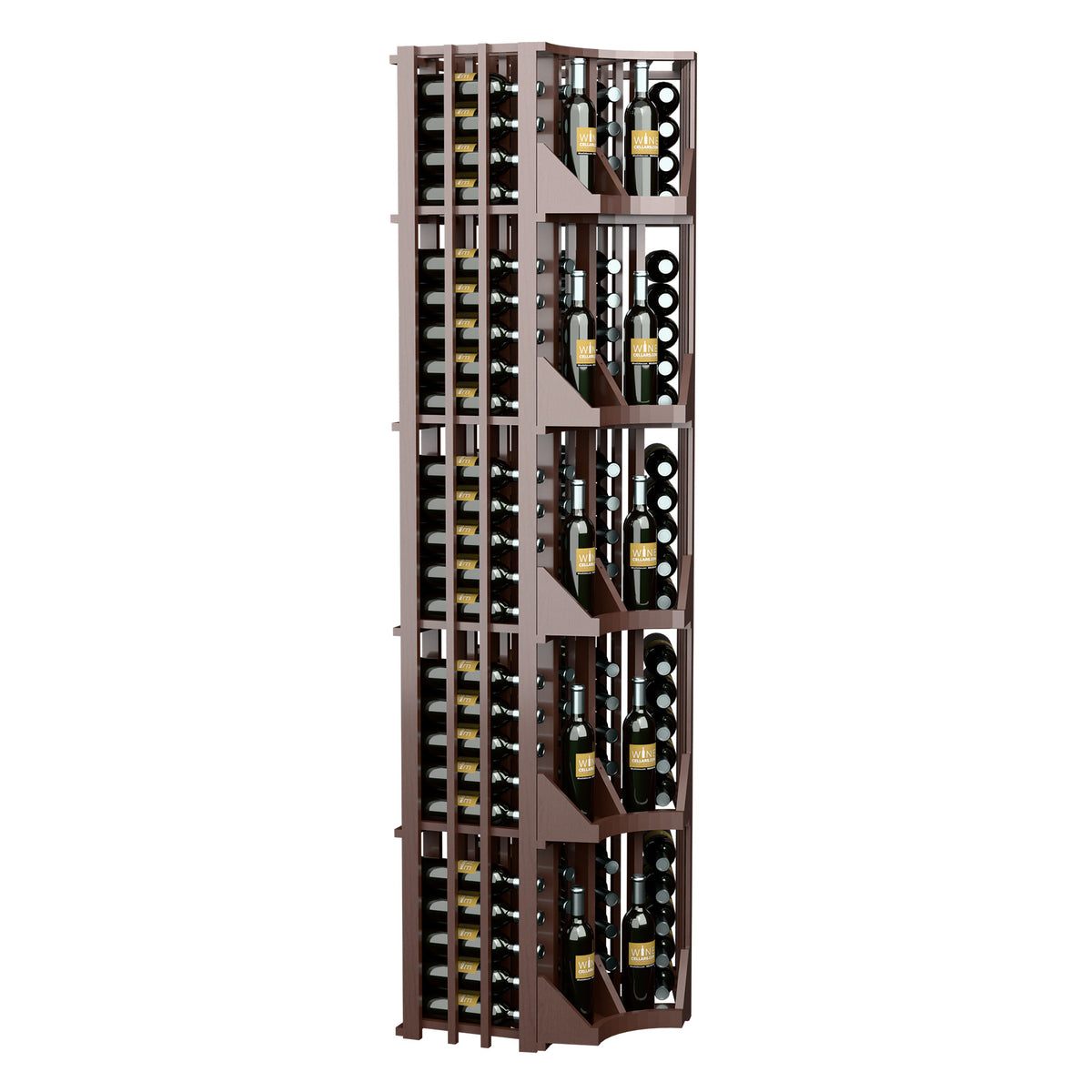 Dark brown curved corner wine display front view with four vertical bottle columns