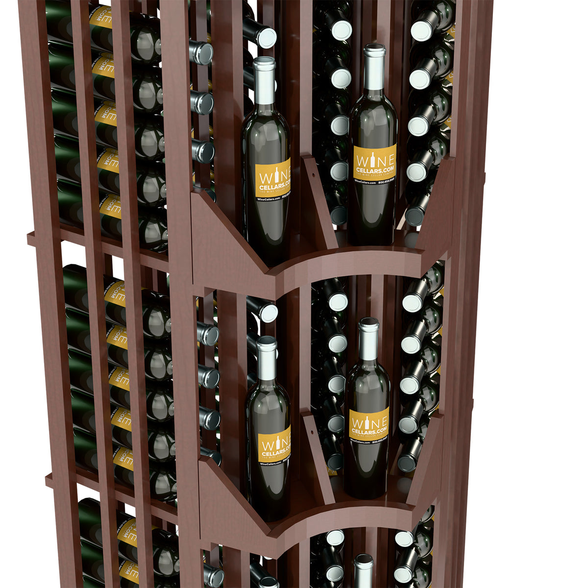 Dark brown curved corner wine display close-up of stacked bottle compartments