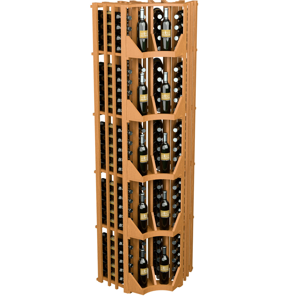 Light wood 4-column curved corner wine wall display with open bottle racks