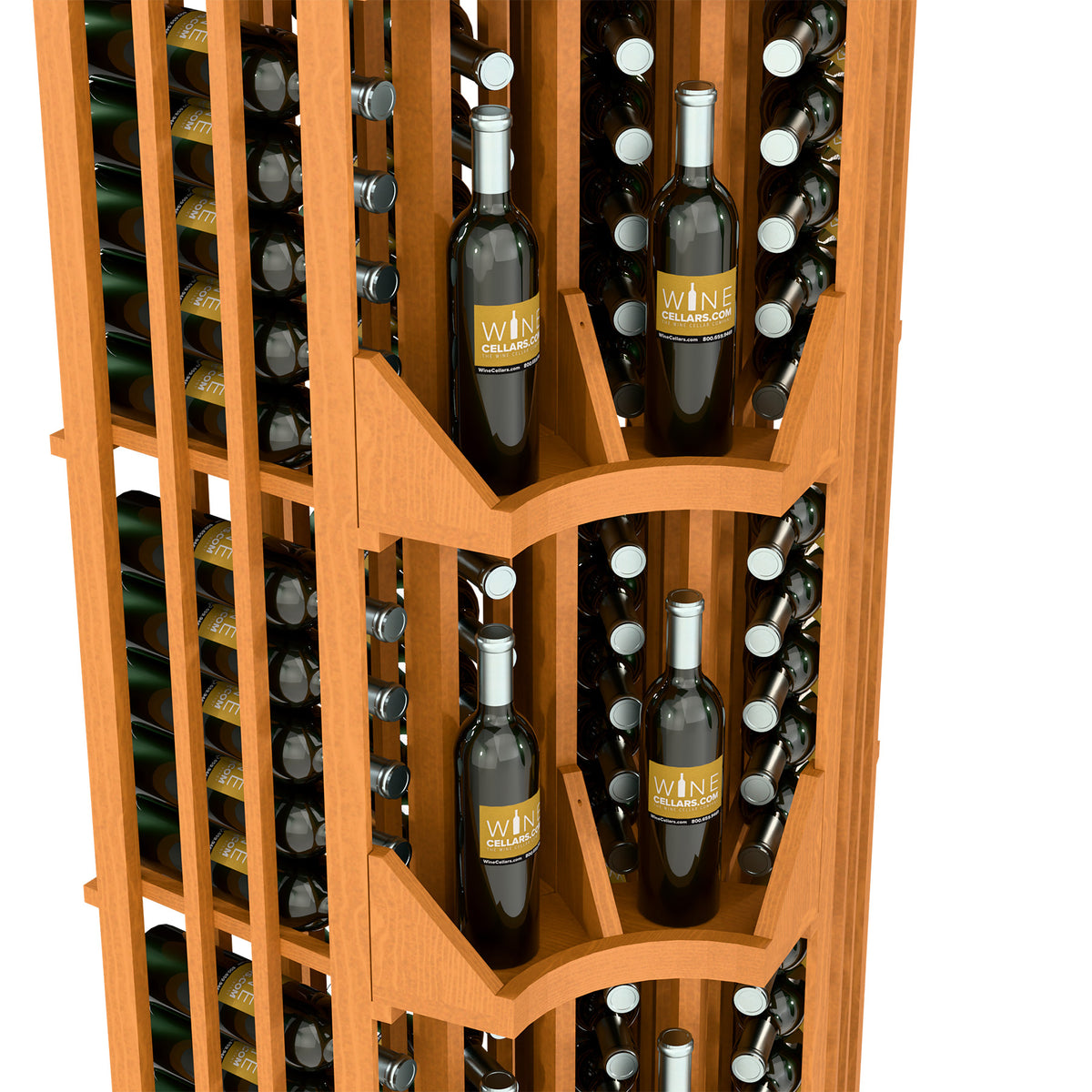 Wooden curved corner 4-column wine display rack with bottles in angled slots