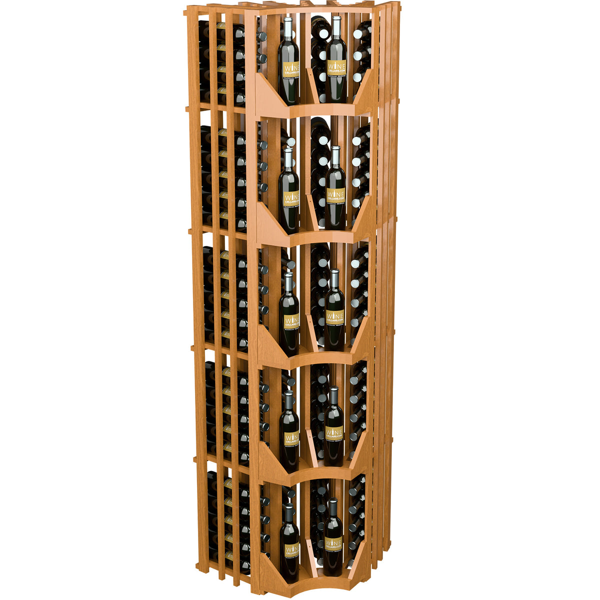 Tall wooden 4-column wine display rack with curved corner shelves and stocked bottles
