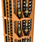 Close-up wooden curved corner 4-column wine display with bottles in tiered cubbies