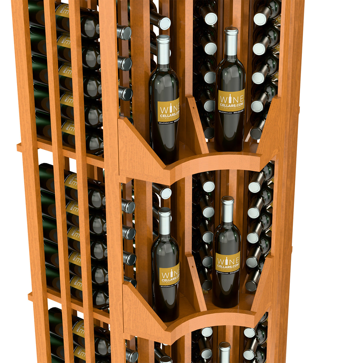 Close-up wooden curved corner 4-column wine display with bottles in tiered cubbies