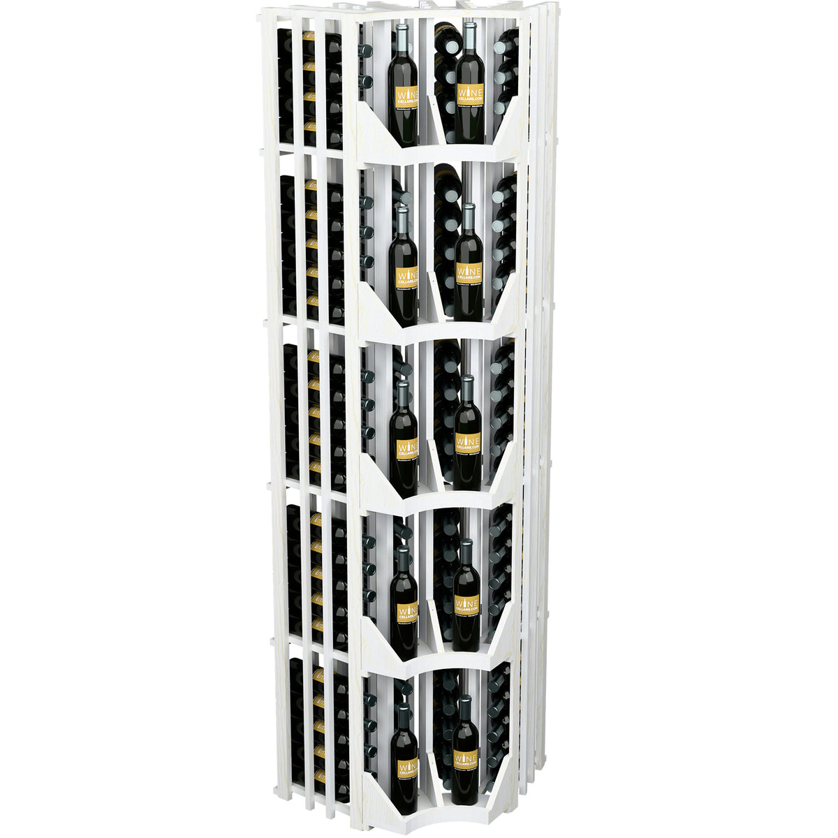 White curved corner 4-column wine display rack with bottles filling front slots