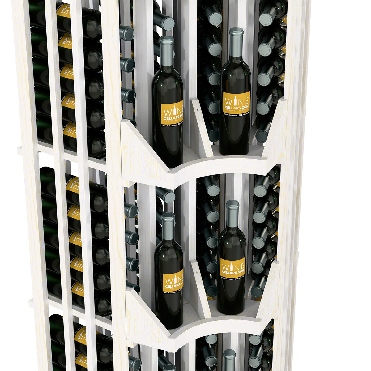 Close-up white curved corner 4-column wine display with bottles in tiered cubbies