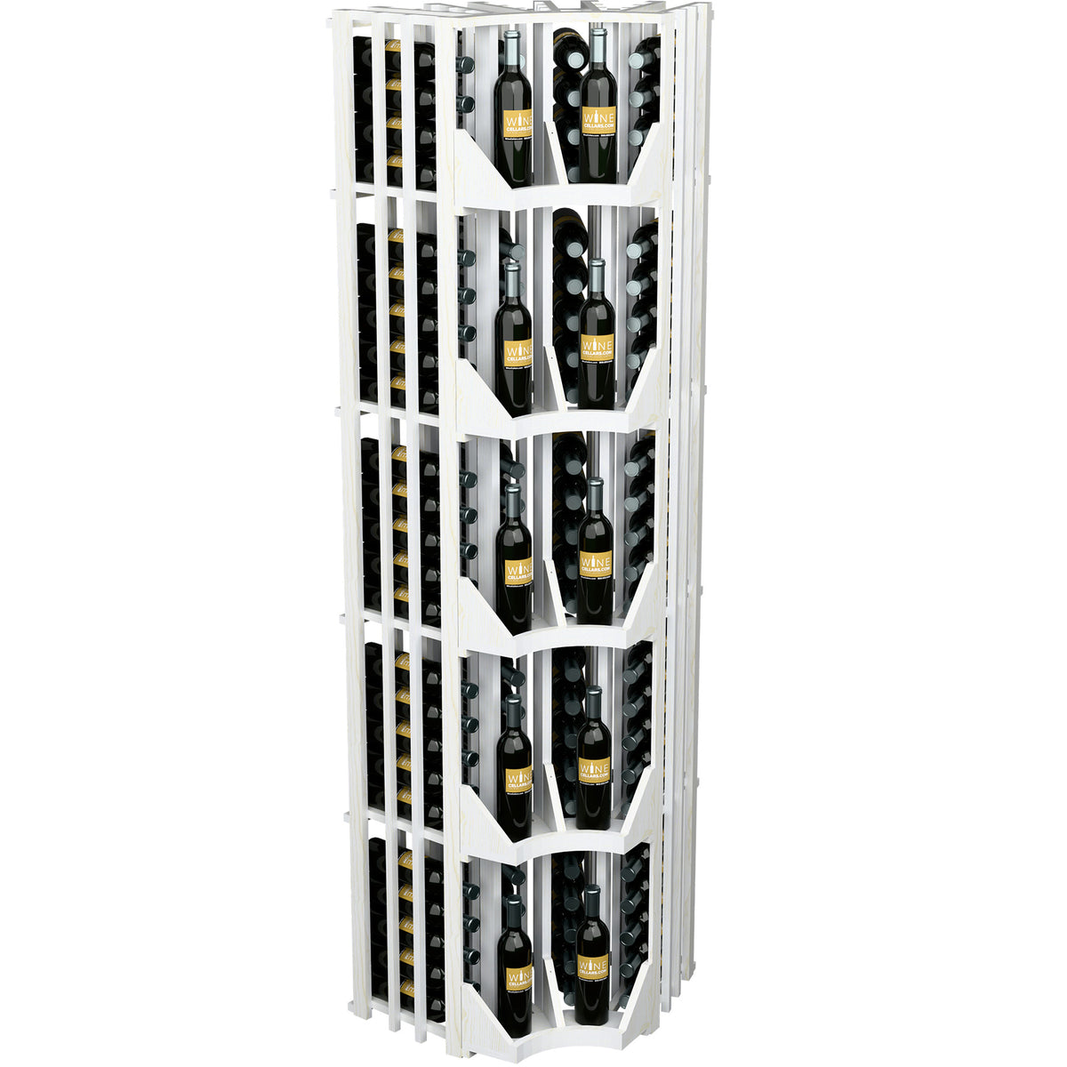White curved corner wine display rack with four columns and bottles in rows