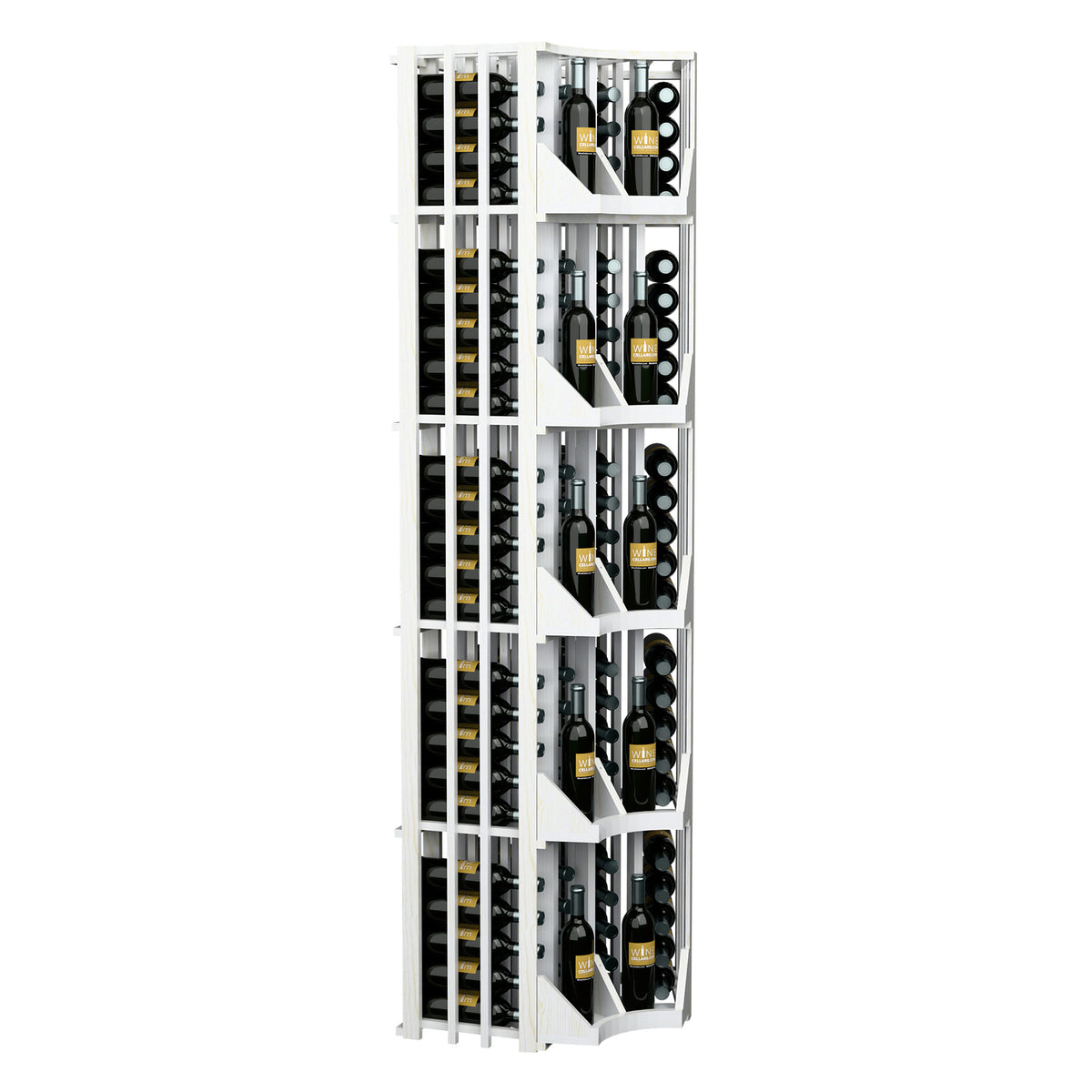 White four-column curved corner wine rack with tiered shelves and filled bottle openings
