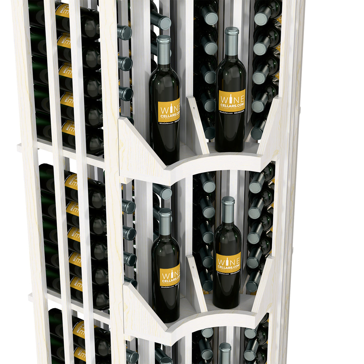 Close-up white curved corner 4-column wine display rack with bottles on inner shelves