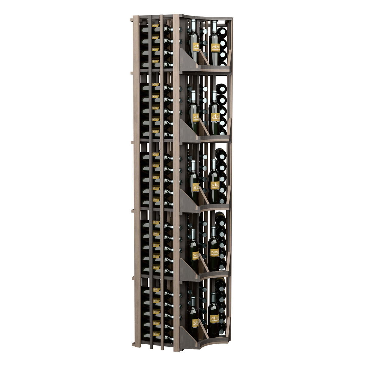 Curved corner wine display cabinet with vertical slats, four columns, bottles arranged by tiers