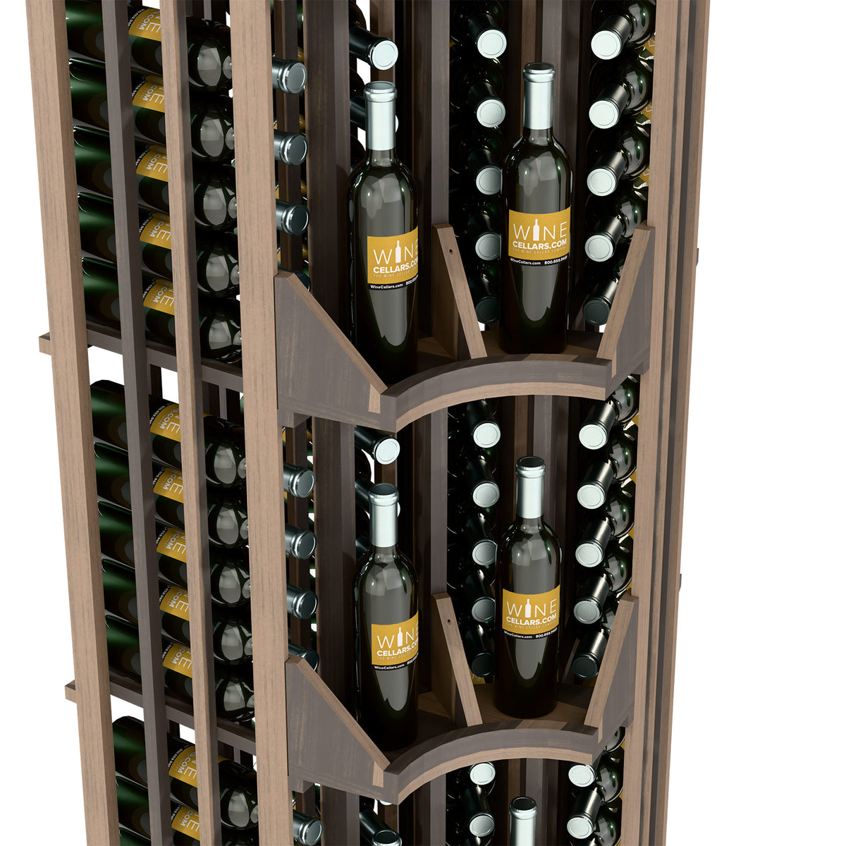 Wine display cabinet close-up showing four columns of bottles on diagonal tier shelves