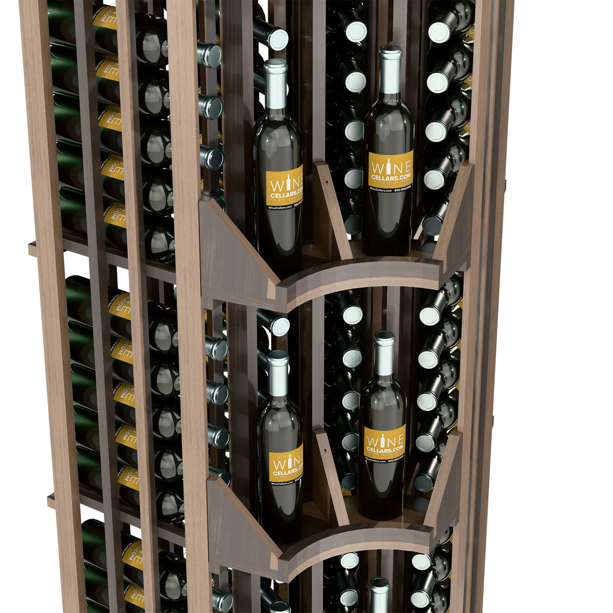 Curved corner wine display cabinet close-up with four columns of bottles in diagonal shelves