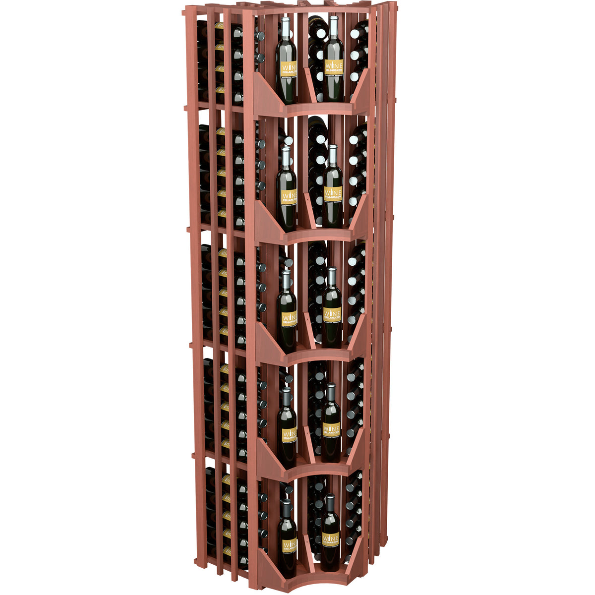 Red wine wall display cabinet with curved corner, four columns, tiered shelves holding bottles
