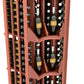 Red wine display cabinet close-up: four columns of bottles on tiered diagonal shelves