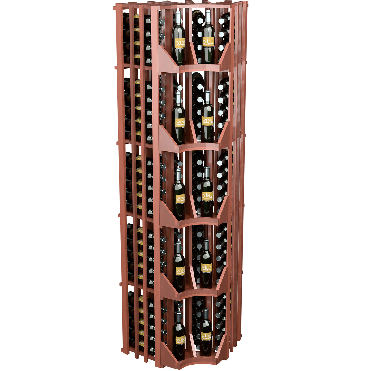Red wood wine wall display cabinet, curved corner, four columns with tiered bottle storage