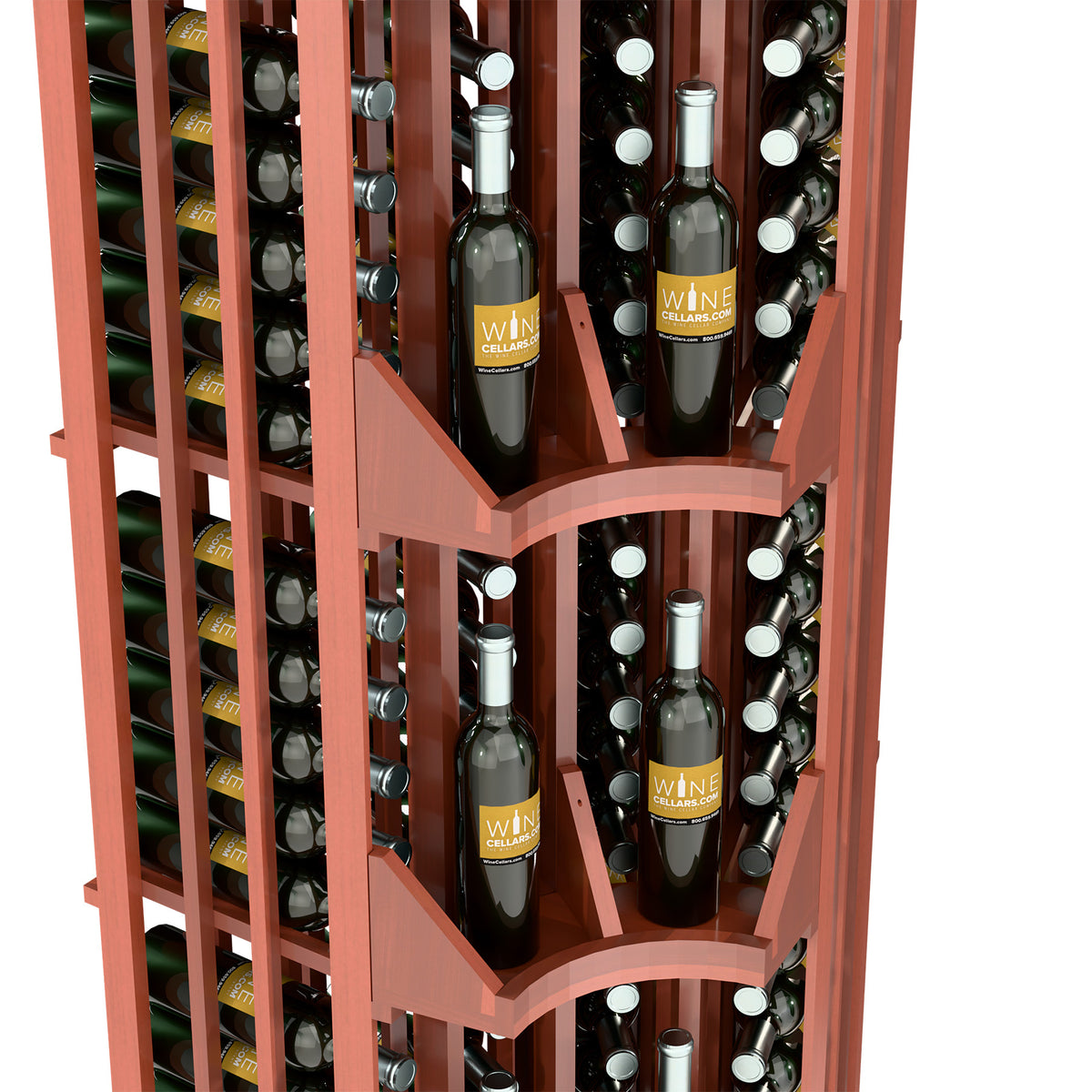 Close-up of dark brown wine display showing bottle slots with staggered wooden dividers