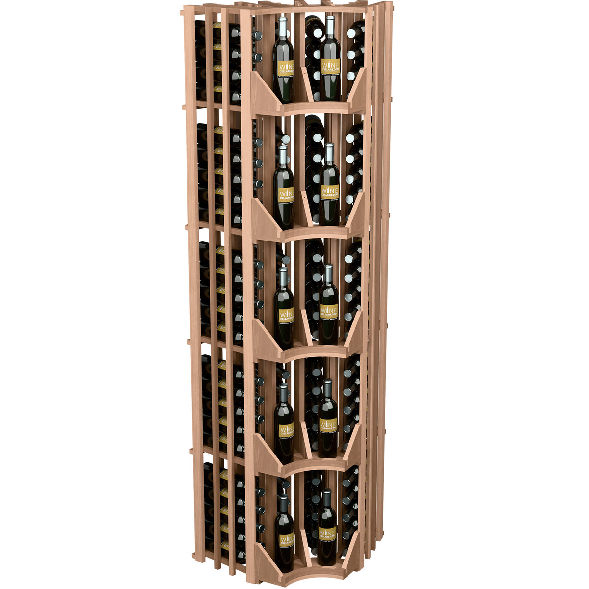 Light wood curved corner wall wine display with four bottle columns and slatted racks