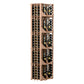 Front view of dark brown curved corner wall wine display with four vertical bottle columns
