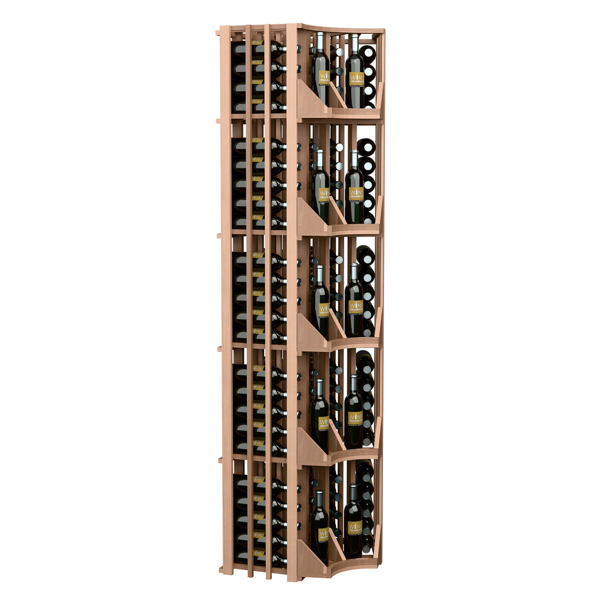 Front view of dark brown curved corner wall wine display with four vertical bottle columns
