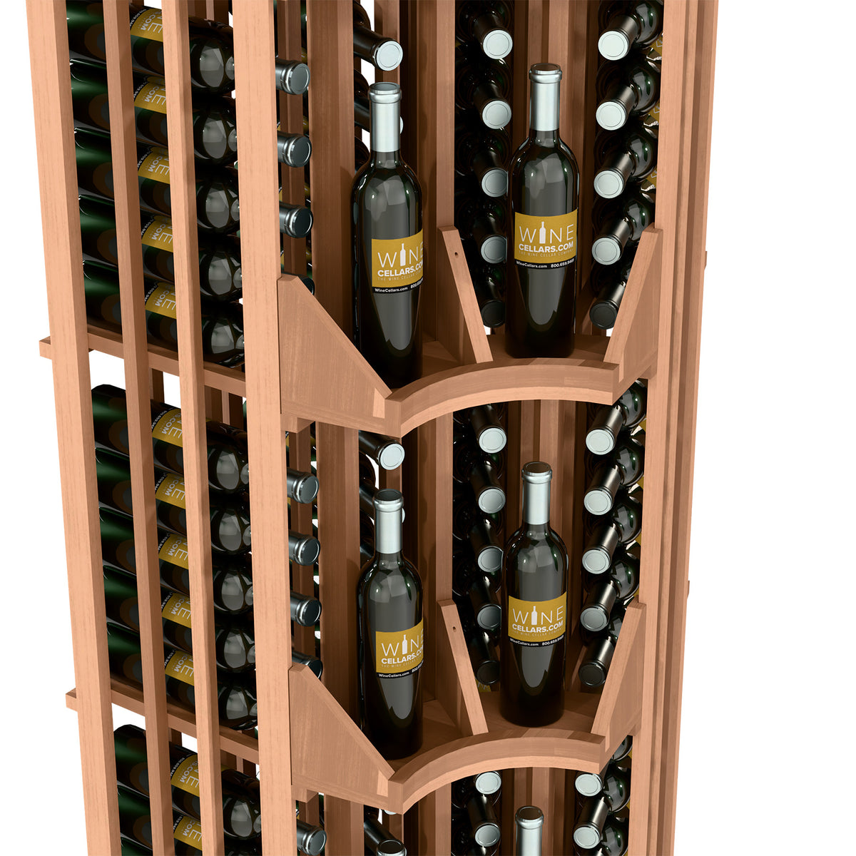 Close-up of light wood wine display with bottle cubbies and staggered horizontal dividers