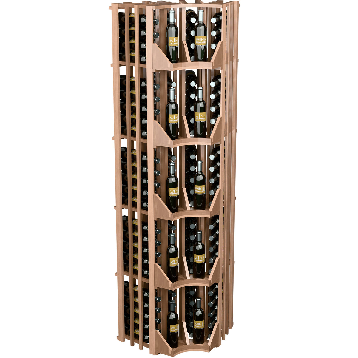 Light wood curved corner wall wine display with four bottle columns and open bottle slots