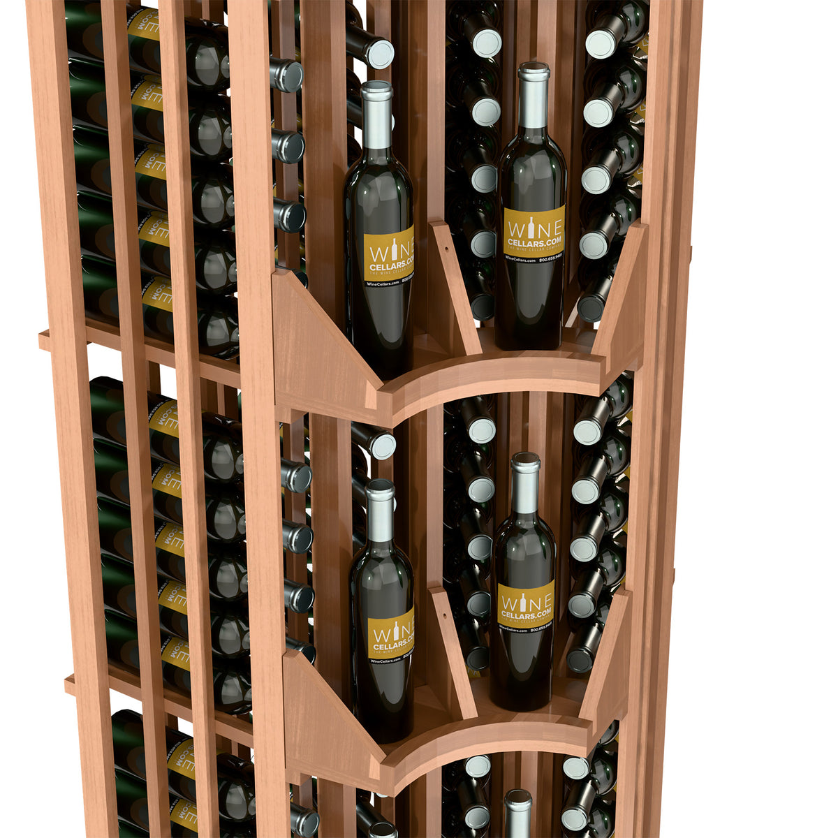 Close-up of dark brown wine display rack with bottle openings in three staggered rows