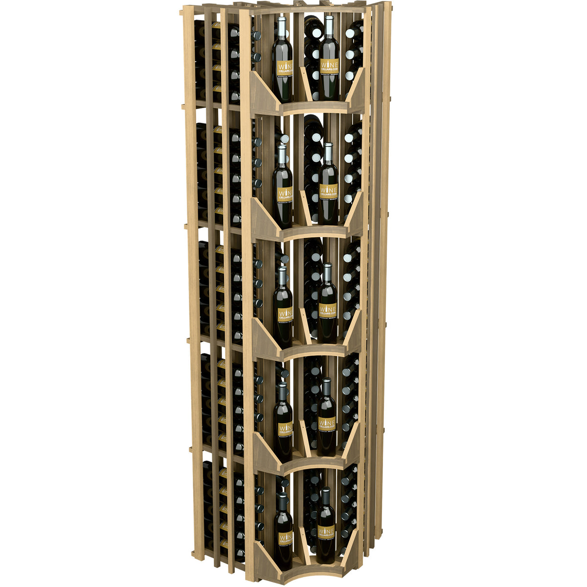 Light wood curved corner wall wine display with four bottle columns and slatted bottle holders