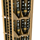 Curved corner wine display rack with four columns, light wood shelves holding bottles
