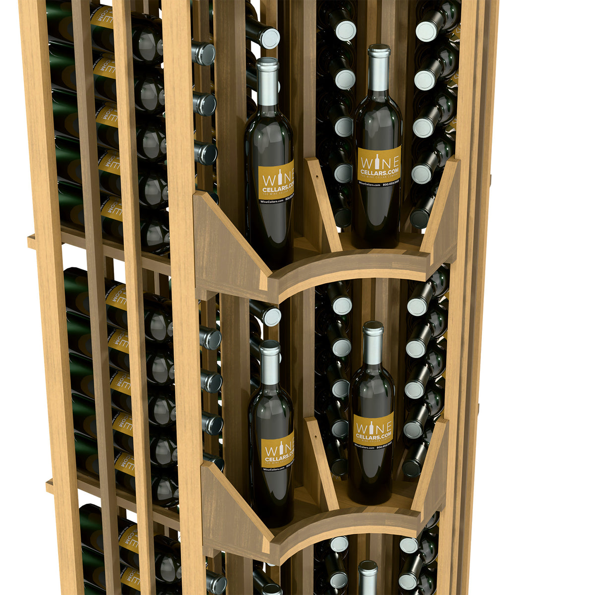 Curved corner wine display rack with four columns, light wood shelves holding bottles