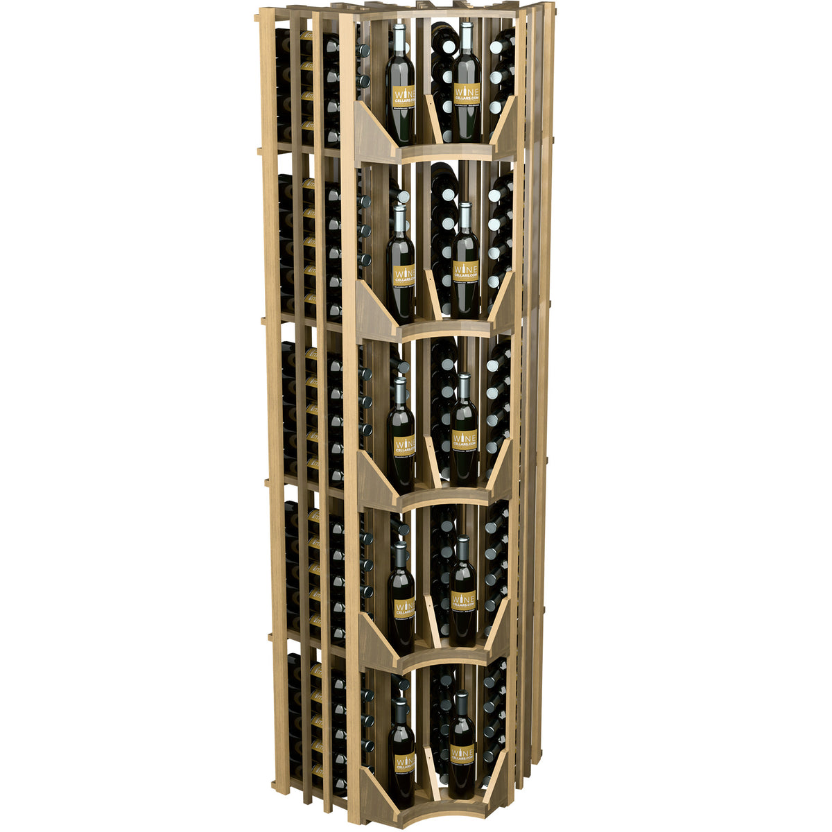 Curved corner wine display rack with four columns, light wood frame and bottle slots