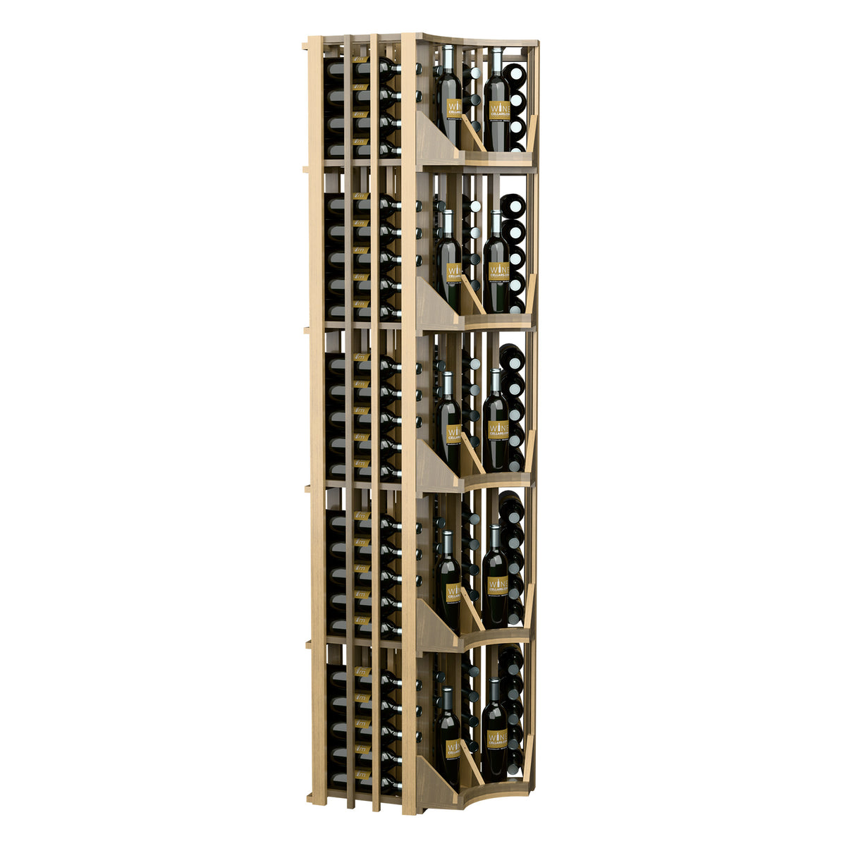 Curved corner wine display rack with four columns, light wood shelves and bottle openings