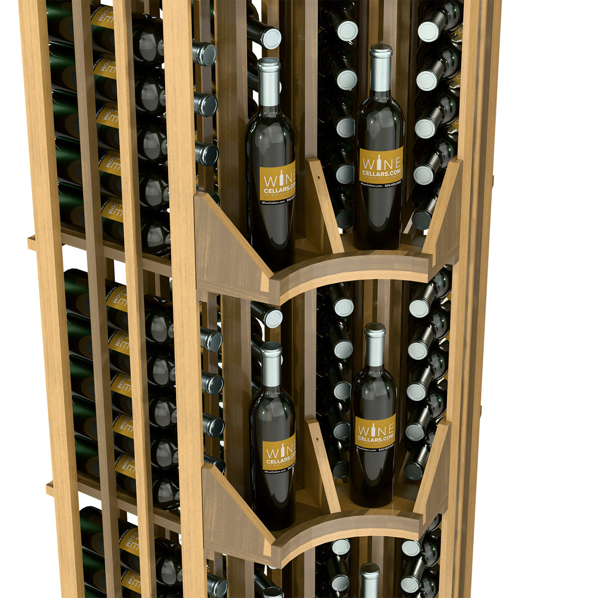Curved corner wine display rack with four columns, close-up of light wood bottle cubbies