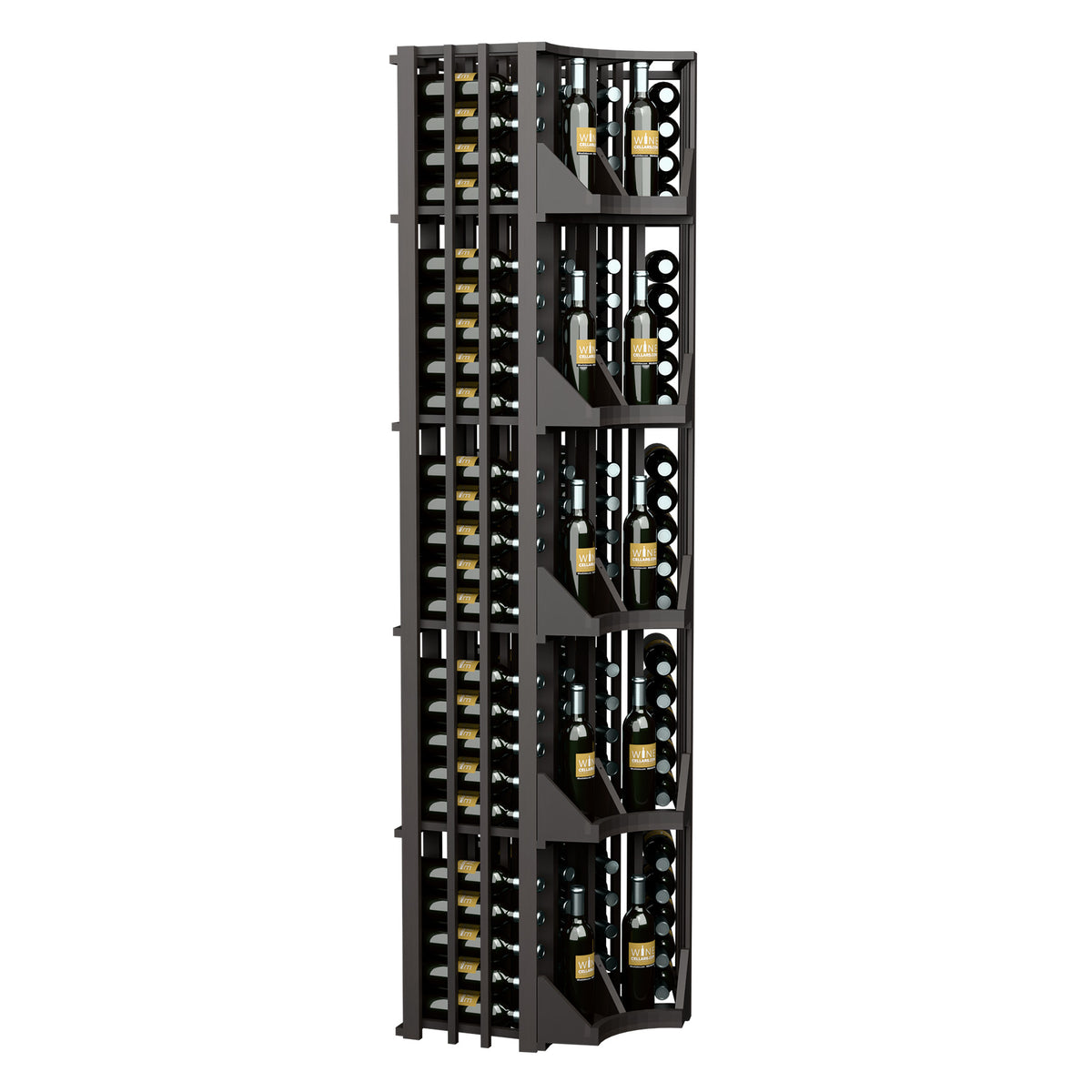 Curved corner wine display rack with four columns, dark wood frame and bottle slots
