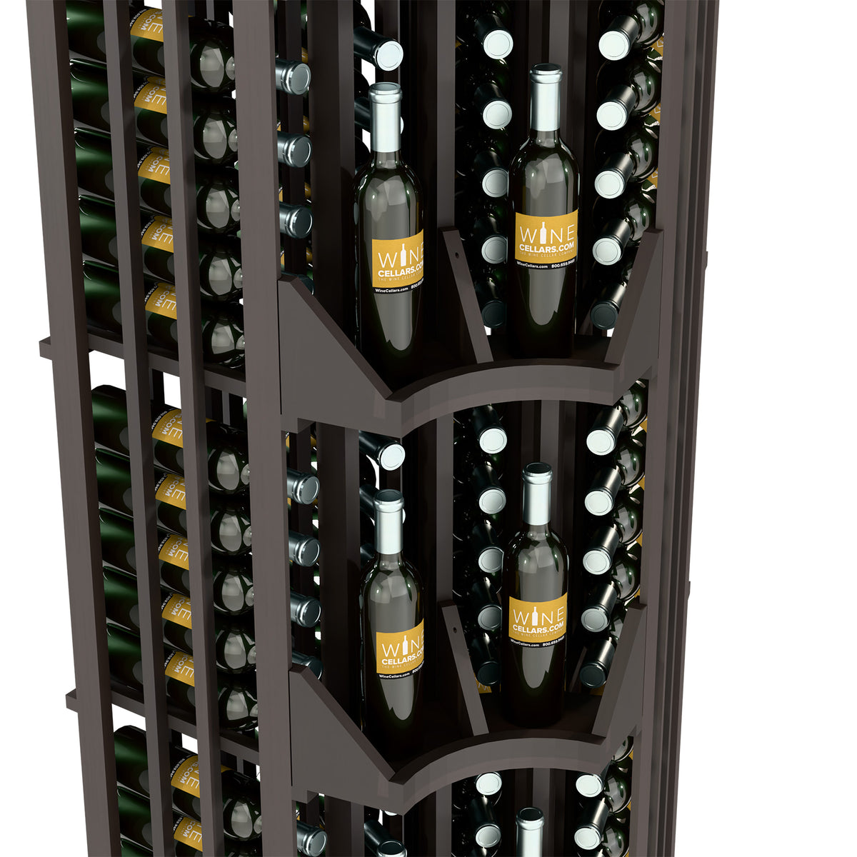 Curved corner wine display rack with four columns, close-up of dark wood bottle cubbies
