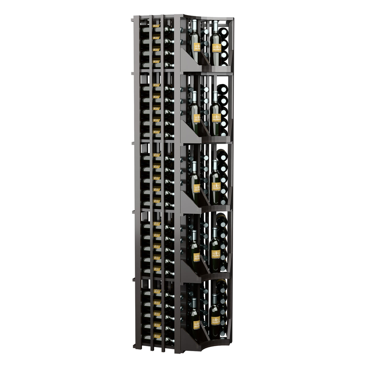 Curved corner wine display rack with four columns, angled view of dark wood bottle slots
