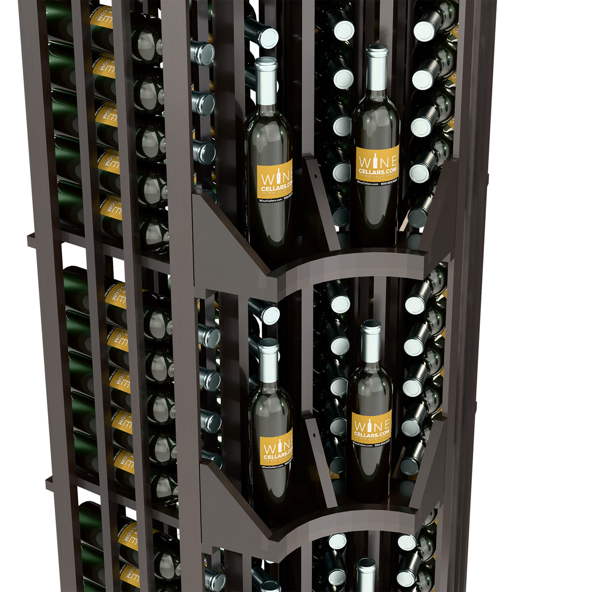 Curved corner wine display rack with four columns, close-up of dark wood bottle shelves