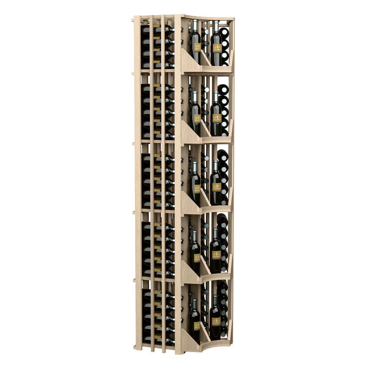 Tall curved corner wine display rack with 4 columns of bottle storage slots