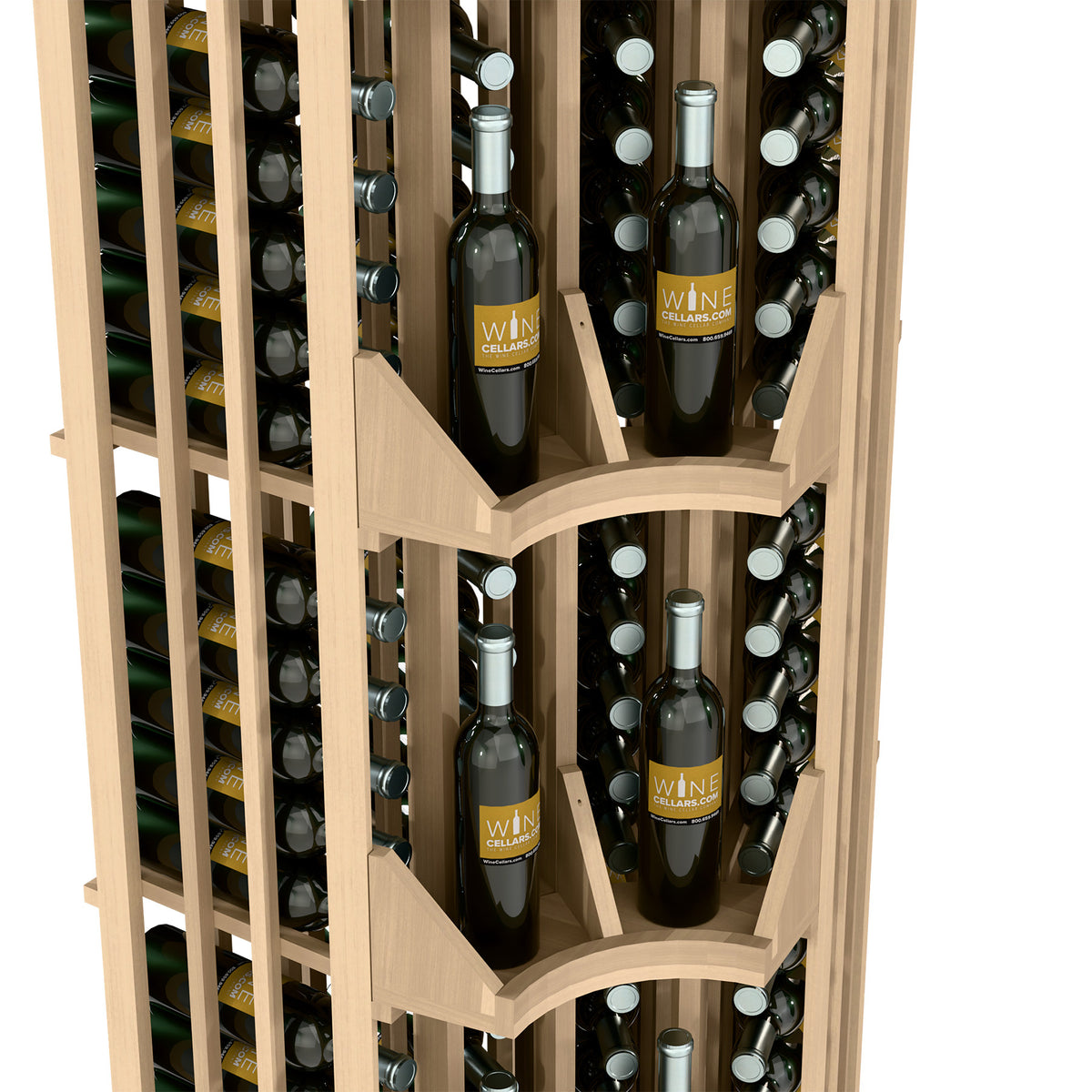 Close-up of curved corner wine rack showing multi-column bottle storage and tiers