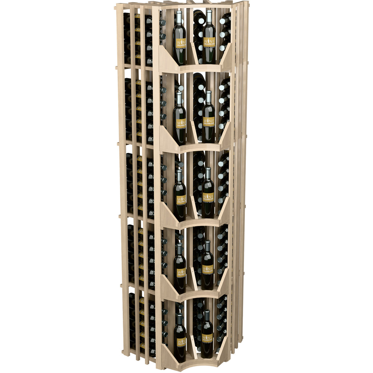 Curved corner wall wine display rack with 4 columns, tiered shelves, and bottle holders