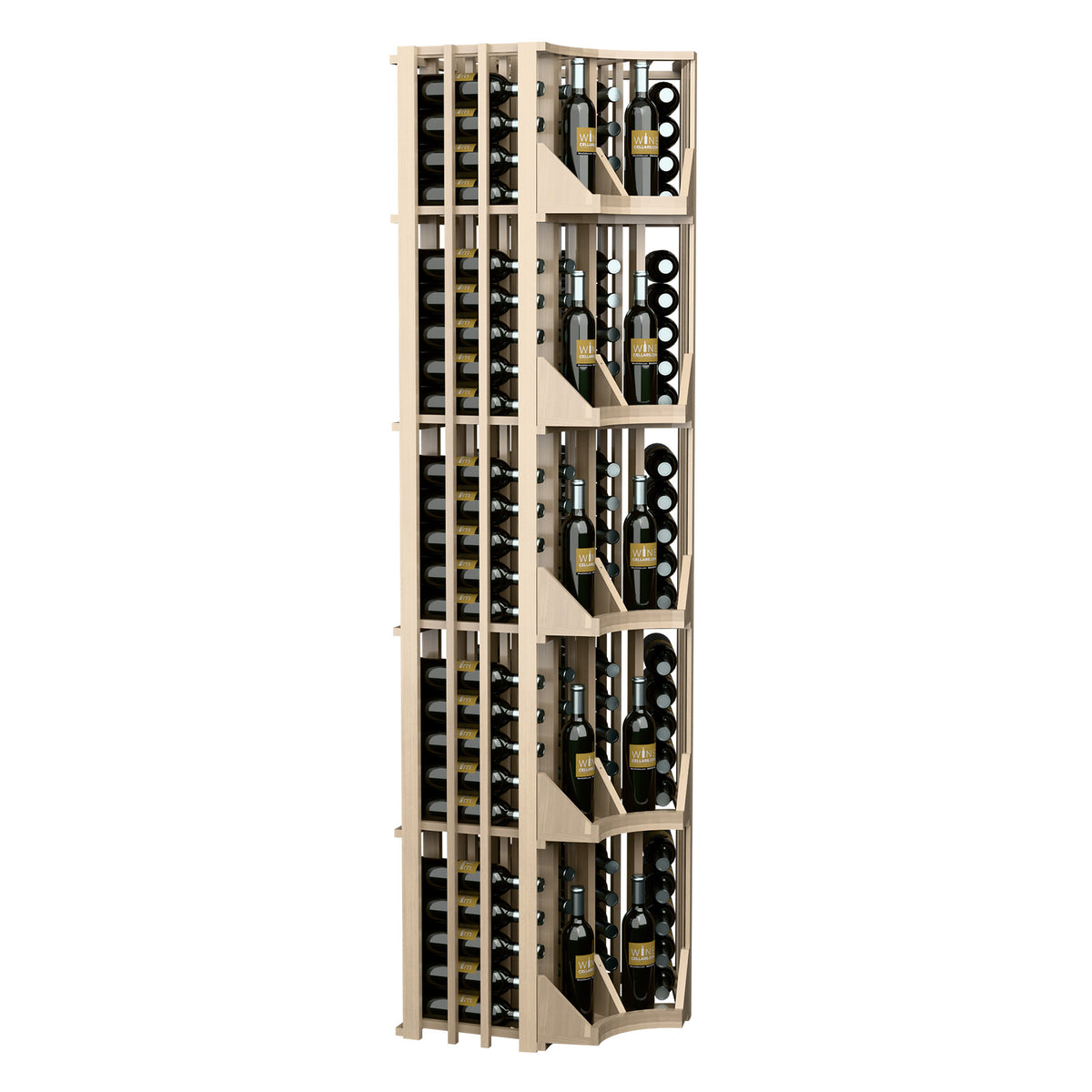 Tall curved corner wine display rack with 4-column grid and curved edge shelves