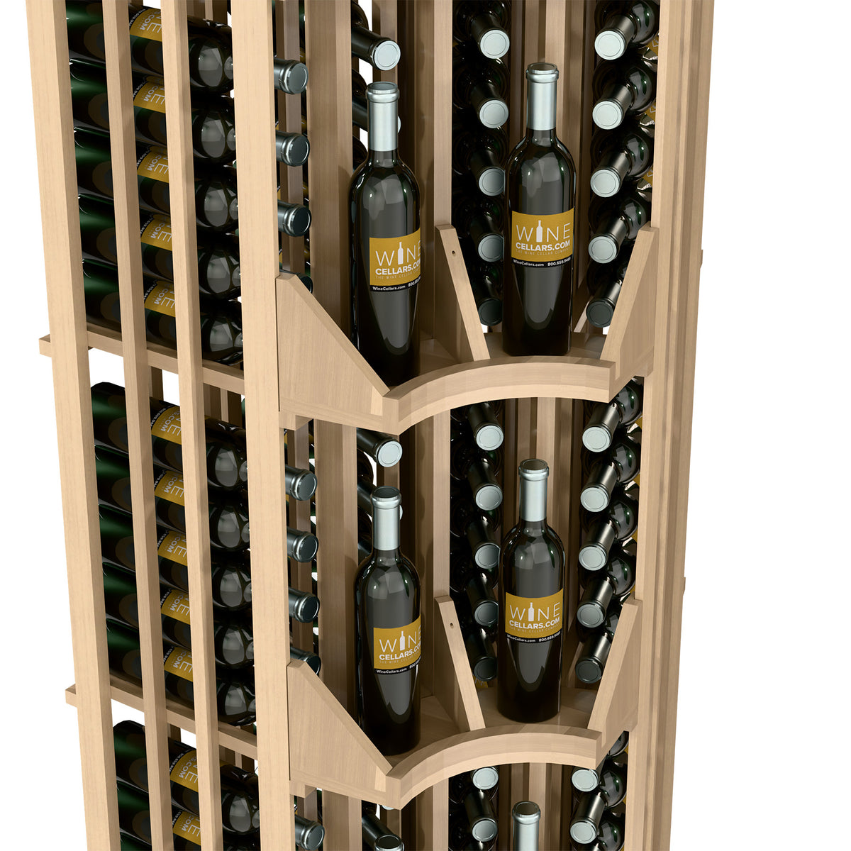 Close-up view of curved corner wine rack with 4 columns and stacked bottle tiers