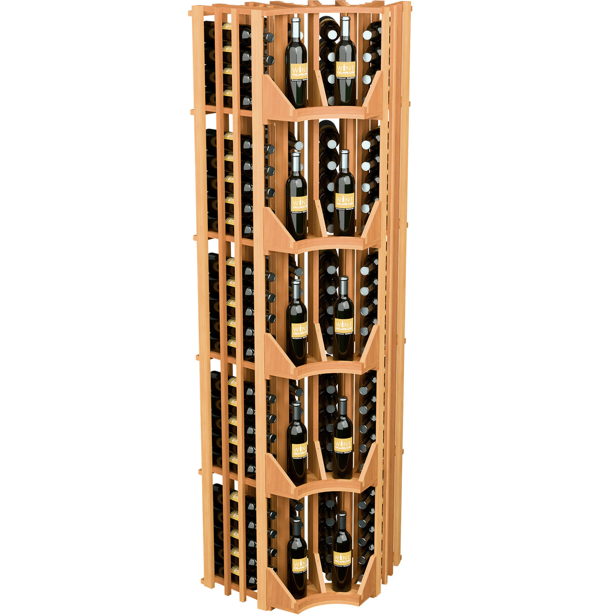 Curved corner wine display rack in light brown wood with 4 columns and tiered shelves