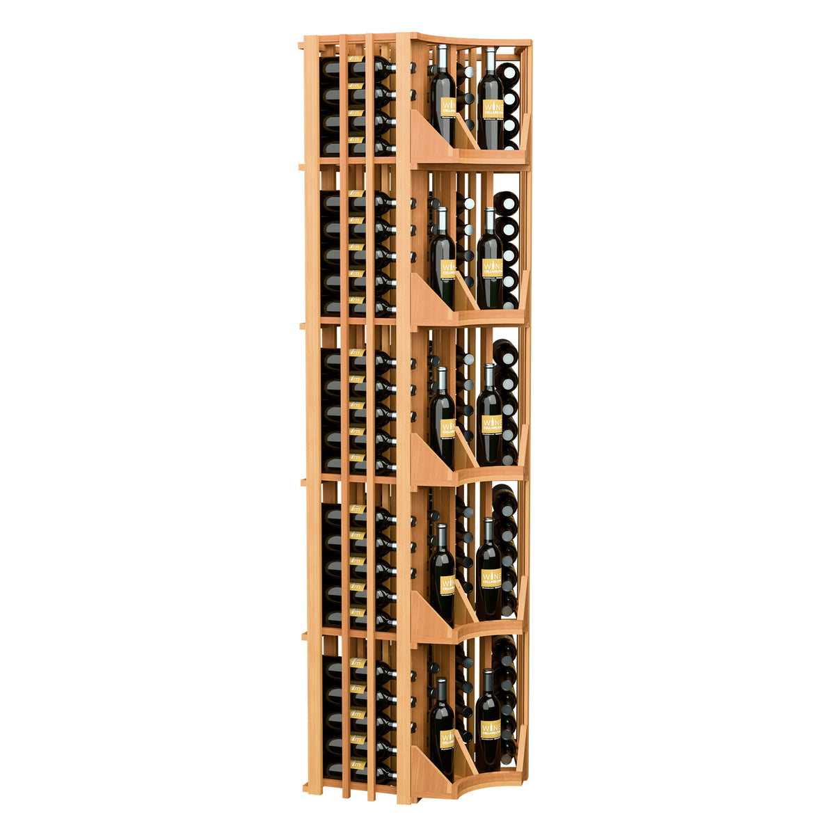 Tall curved corner wine rack with 4 columns of bottle slots and curved front shelves