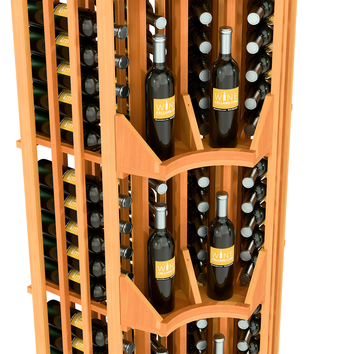 Close-up of curved corner wine display rack showing tiered shelves and bottle spaces