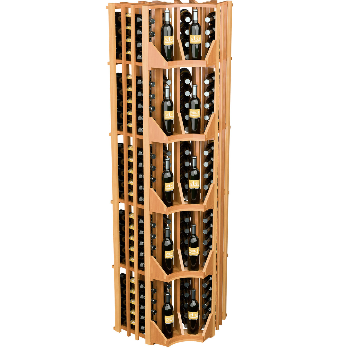 Curved corner wall wine display rack in light brown wood with 4 columns and bottle tiers