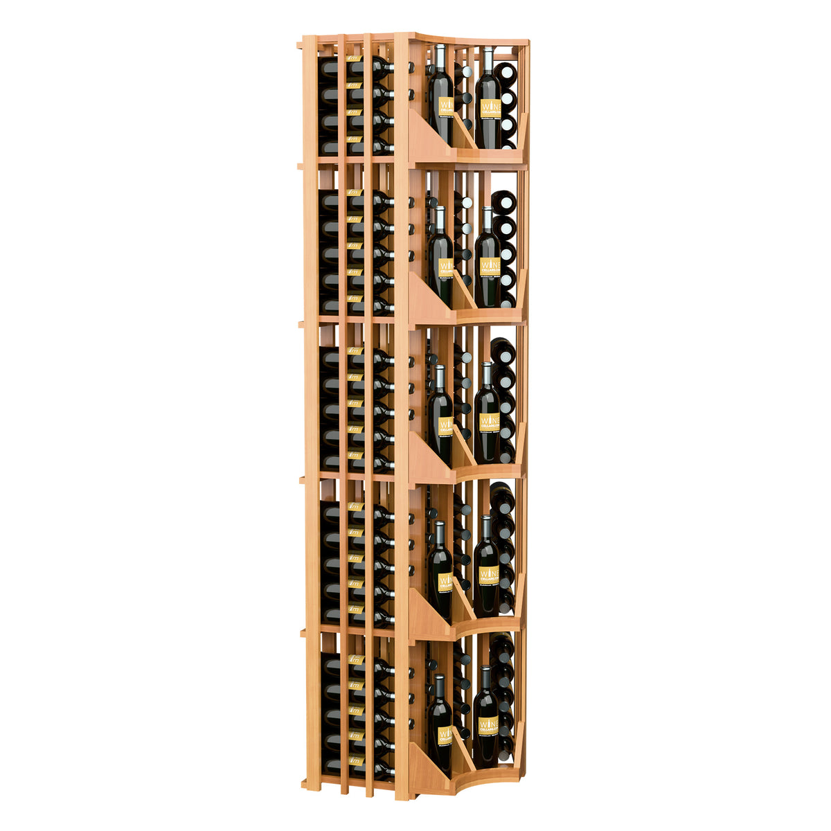 Light wood 4-column curved corner wine wall display with glass bottles on tiered slots