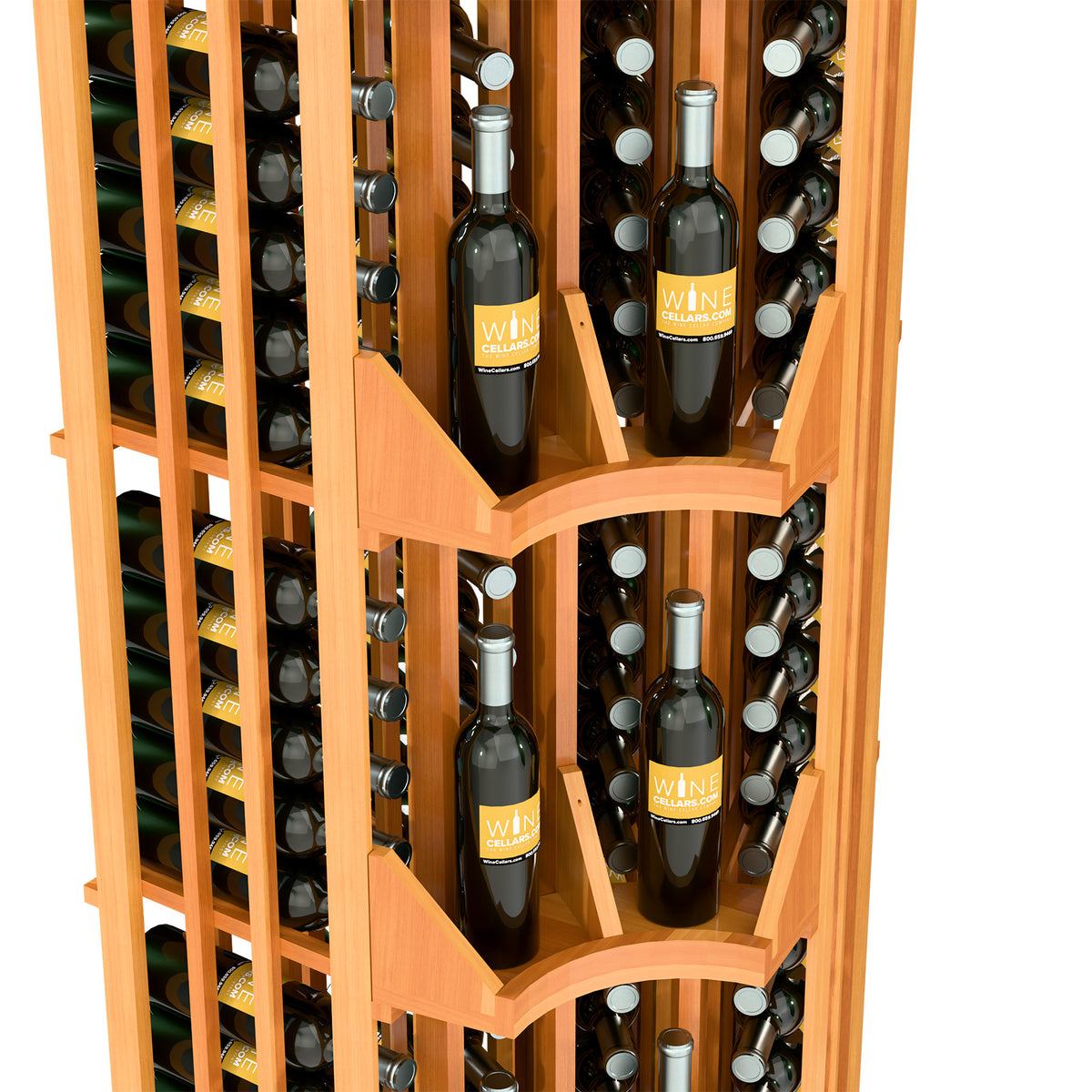 Close-up of light wood wine wall display showing bottle necks in slotted columns