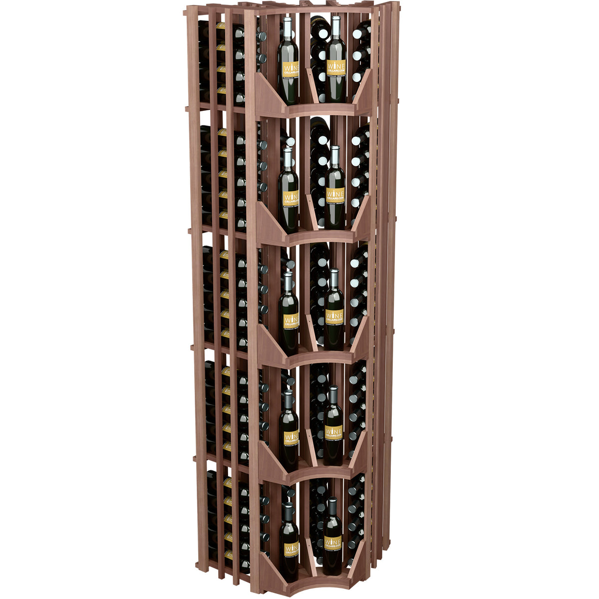 Dark wood 4-column curved corner wine wall display with rows of wine bottles