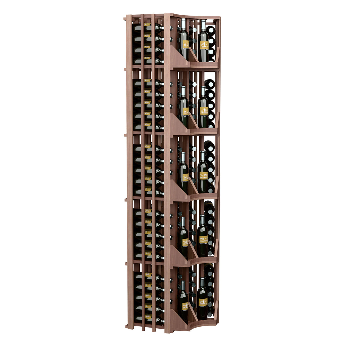 Dark wood 4-column curved corner wine wall display with slanted bottle shelves